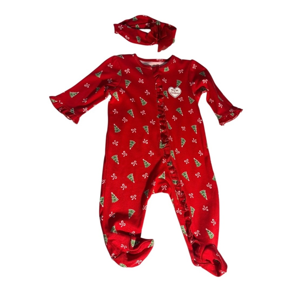 Little Me Baby Girls‎ Red Christmas Tree Footed Pajamas With Headband 3M